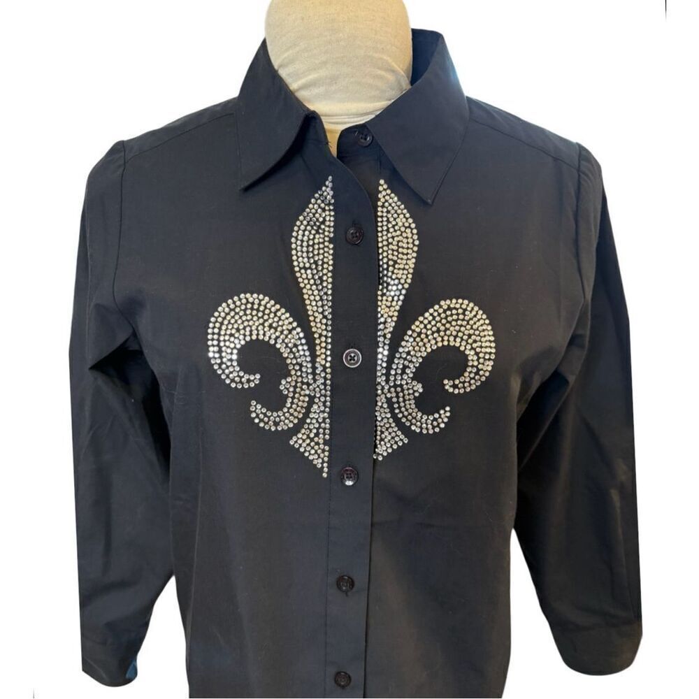 Quacker Factory Rhinestone Fleur de Lis Oversized Blouse Black Sz. S Stretch - Picture 5 of 7